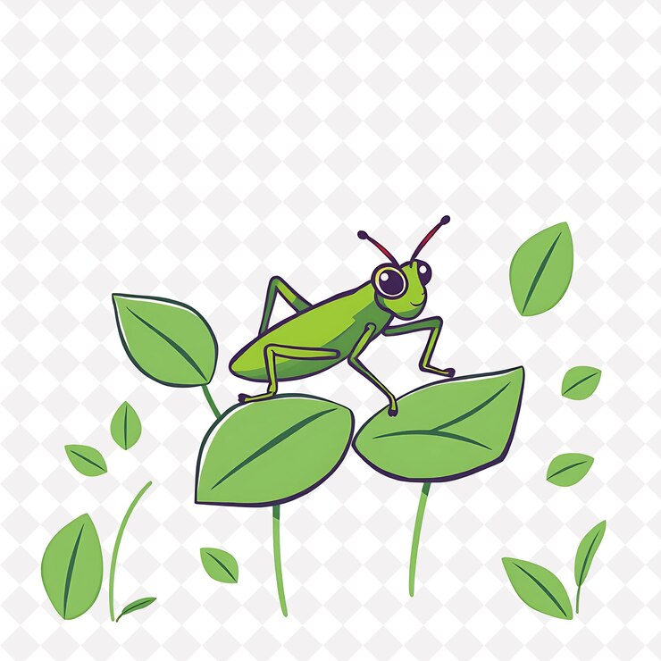 PSD png grasshopper animado com formas de folhas dispostas como um prado desenho animal animado e bonito