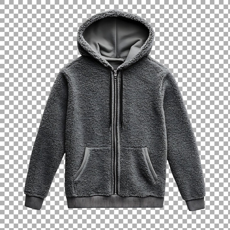 PSD png-grauen fleece-hutjacke auf durchsichtigem hintergrund