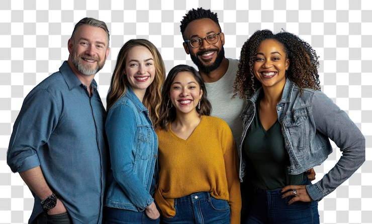 PSD png un groupe de cinq personnes souriantes personne arrière-plan vêtements