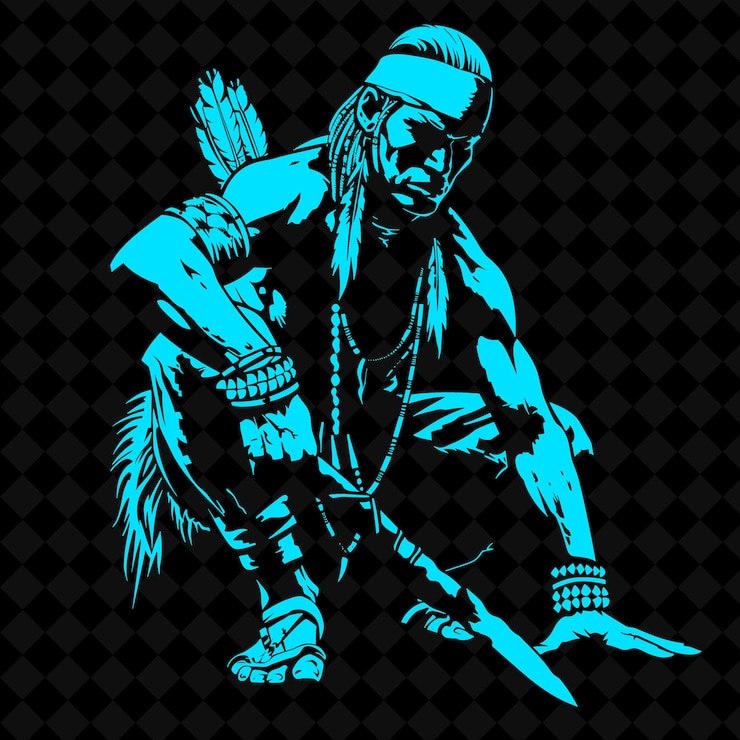 PSD png guerrero apache con una lanza y un cuchillo expresando sigilo i forma de personaje de guerrero medieval