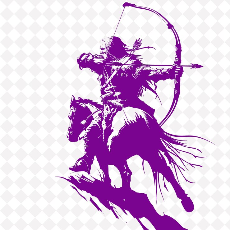 PSD png guerrero hun con un arco recurvo una expresión feroz en una forma de personaje de guerrero medieval