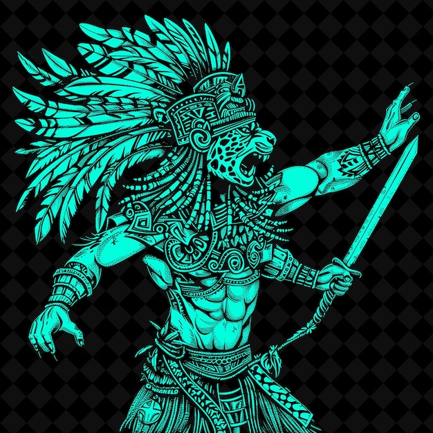 PSD png guerrero jaguar azteca con un macuahuitl adornado con plumas forma de personaje de guerrero medieval