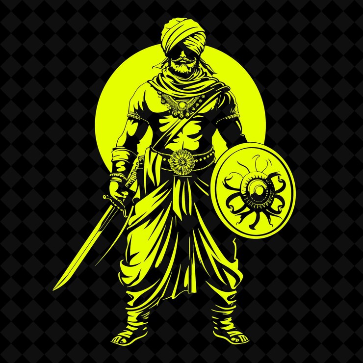 PSD png guerrero rajput indio con un khanda con una expresión valiente guerrero medieval forma de personaje