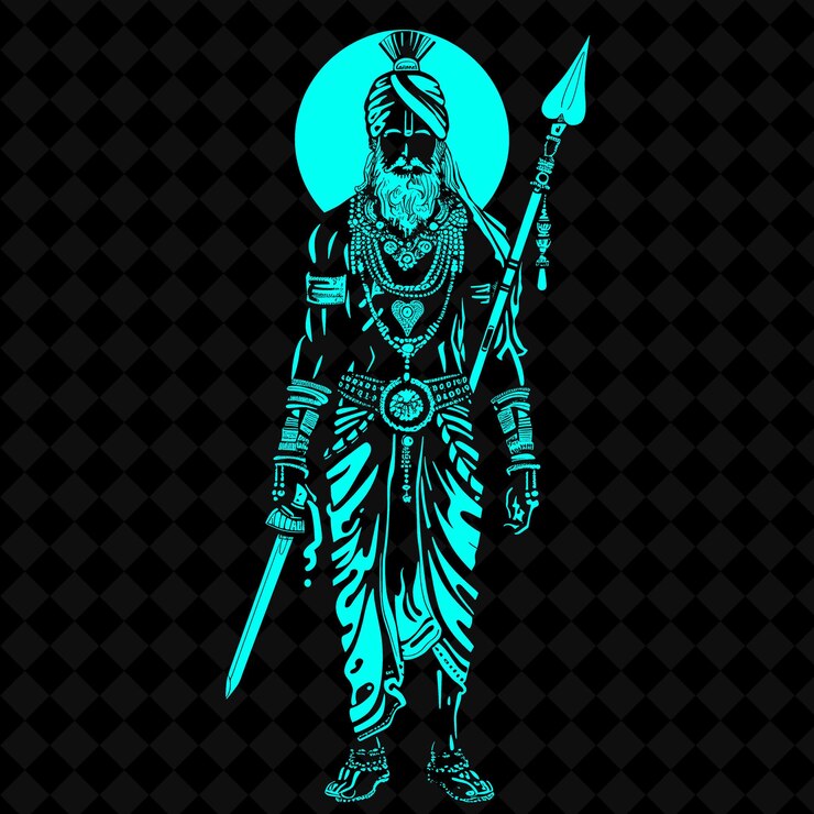 PSD png guerrero rajput con un khanda adornado con joyas y una forma de personaje de guerrero medieval turb