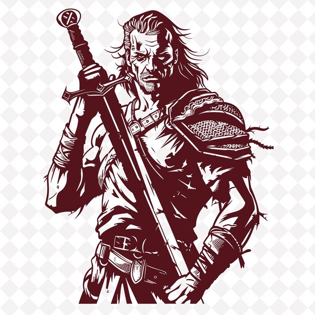 PSD png guerrier celtique tenant un claymore avec une bataille durcie loo forme de personnage de guerrier médiéval