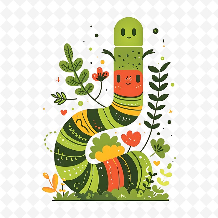PSD png gusanos vivos con formas de suelo dispuestas como un jardín terráqueo una ilustración plana carácter lindo
