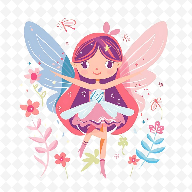 PSD png hada encantadora con formas de alas colocadas al azar encantadora una ilustración plana personaje lindo