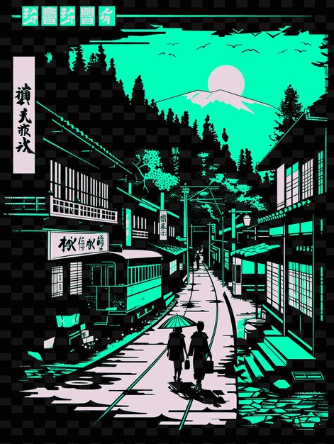 PSD png hakones onsen street com hot spring street scene ryokans yu ilustração cidades scene decoração de arte