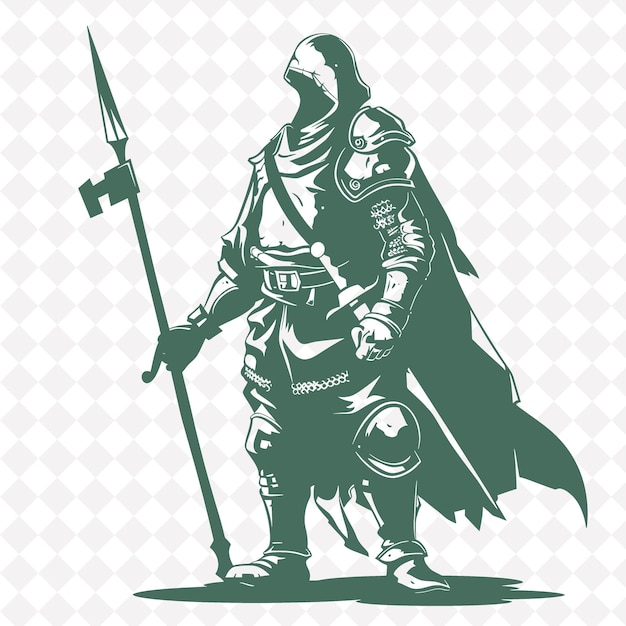 PSD png halberdiano medieval com uma halberdiana com uma expressão focada forma de personagem de guerreiro medieval