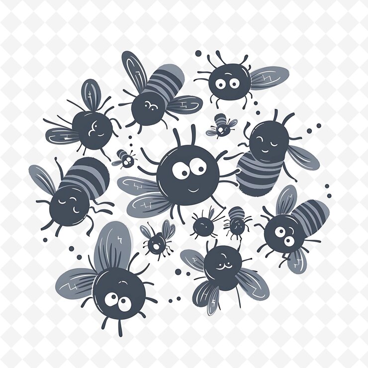 PSD png happy fly con formas zumbantes dispuestas como un enjambre ilustración plana lúdica caracter