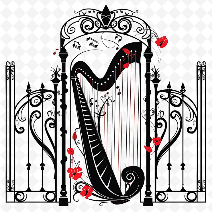 PSD png harp gate con decorazioni musicali per matrimoni il cancello è decorato con disegni artistici astratti creativi