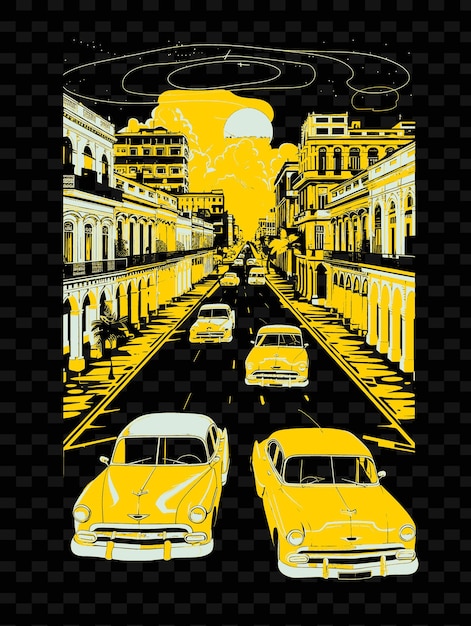 PSD png havana com cena de rua vintage e carros clássicos charuto fato ilustração cena da cidade decoração de arte