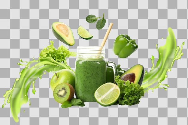 PNG Healthy food Green smoothie and ingredients isolated on white background