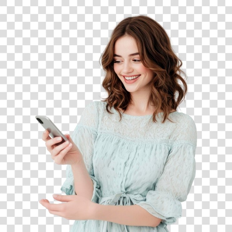 PSD png una hermosa mujer con el cabello ondulado hasta los hombros está sonriendo y mirando el fondo de la fotografía de su teléfono celular feliz