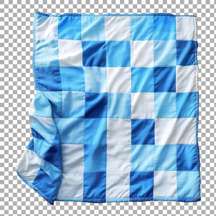PSD png hermosos bloques azules y blancos manta de picnic contra un fondo transparente