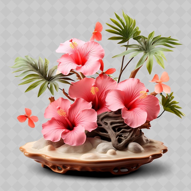 PSD png hibiscus bonsai bambú pot hojas de palma paraíso tropical transparente decoración de árboles diversos