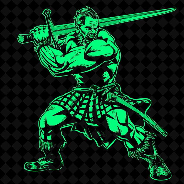 PSD png highlander écossais avec un claymore une expression féroce dans une forme de personnage de guerrier médiéval