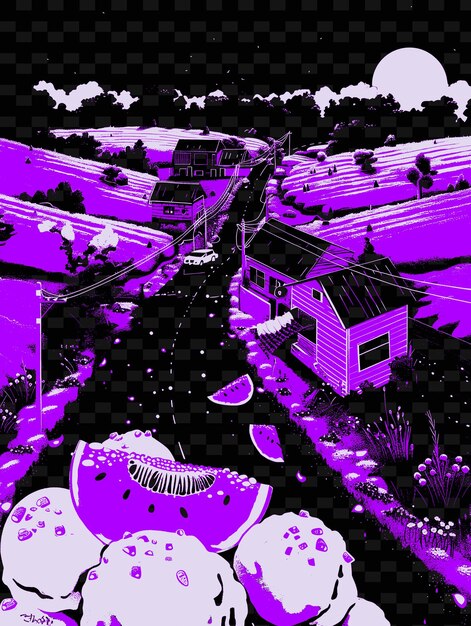 PSD png hokkaidos furano avec scène de rue lavande champs fermes et illustration villes scène décor artistique