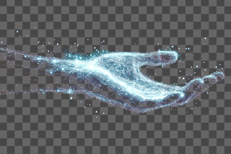 PSD png holograma digital de la mano conexiones tecnología de partículas