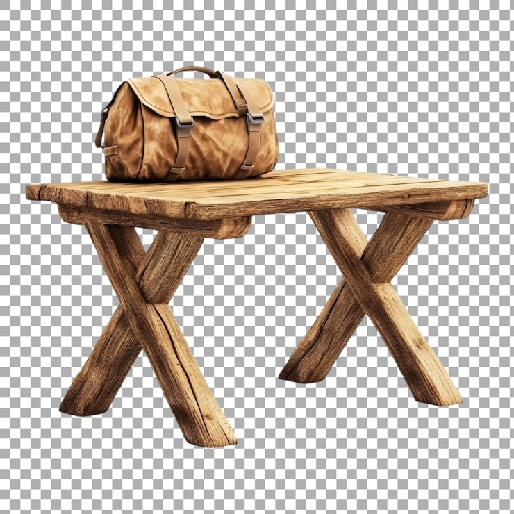 PSD png-holz-camping-tisch mit tasche vor durchsichtigem hintergrund