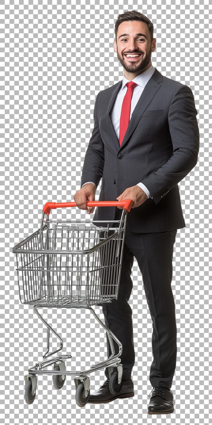 PSD png de un hombre de negocios sonriente con un pequeño carrito de compras contra un fondo transparente