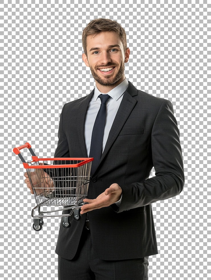 PSD png de un hombre de negocios sonriente con un pequeño carrito de compras contra un fondo transparente