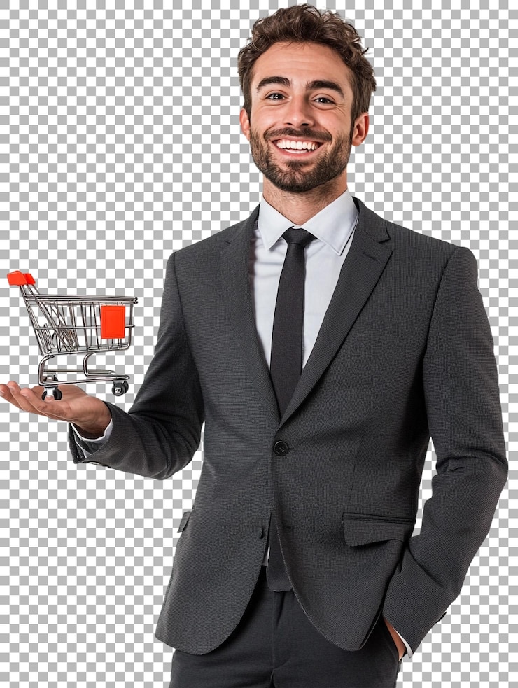 PSD png de un hombre de negocios sonriente con un pequeño carrito de compras contra un fondo transparente
