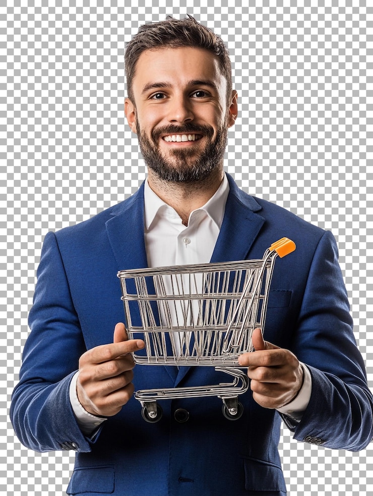 PSD png de un hombre de negocios sonriente con un pequeño carrito de compras contra un fondo transparente