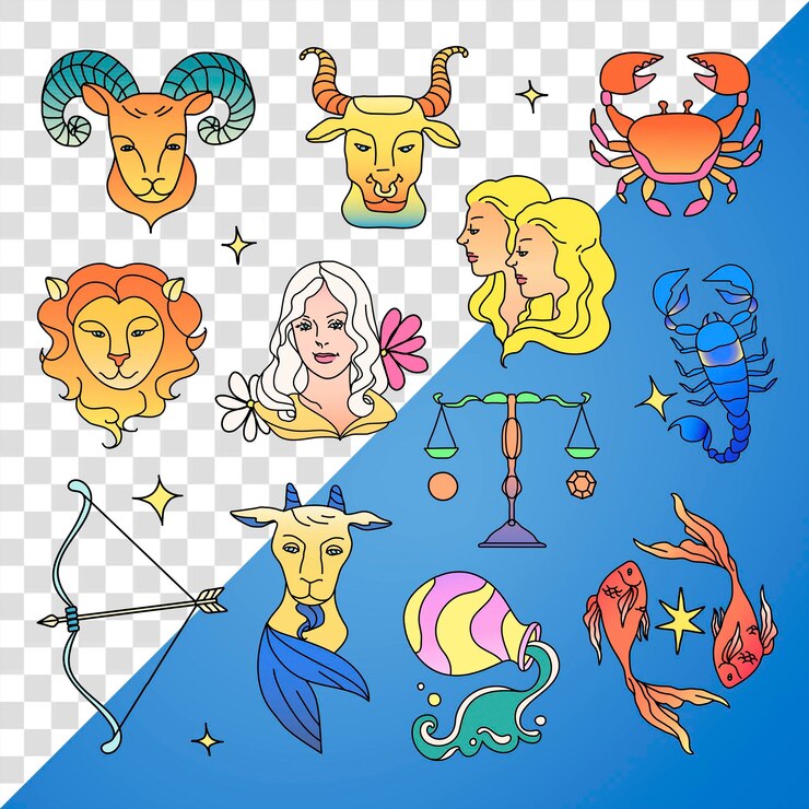 PSD png-horoskopzeichen farbenfrohe collage-element-set durchsichtiger hintergrund