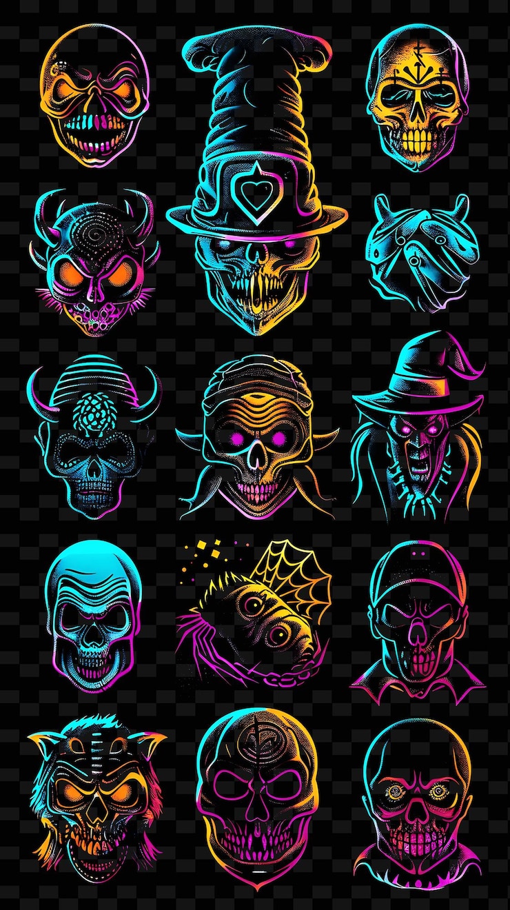 PSD png horror decal con imágenes de iconos de horror y con radiant g creative neon y2k forma decorativa
