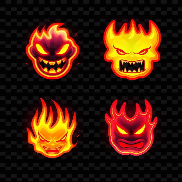 PSD png icon de cara de llama de fuego emoji con líneas decididas de fuego feroz y neón y2k forma llamativa