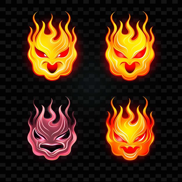 PSD png icon de cara de llama de fuego emoji con líneas decididas de fuego feroz y neón y2k forma llamativa