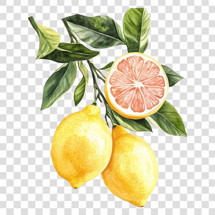 PSD png ilustración de pomelo con dos ramas de limón en acuarela