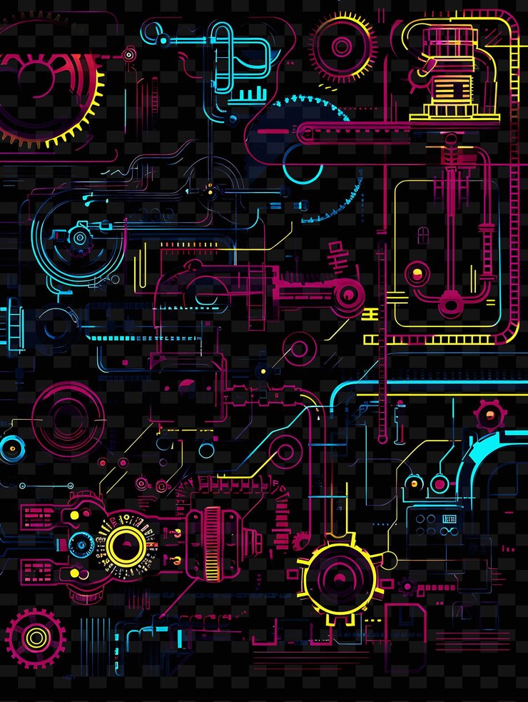 PSD png industrial decal with illustrations of machinery and with i creative neon y2k shape decorativer