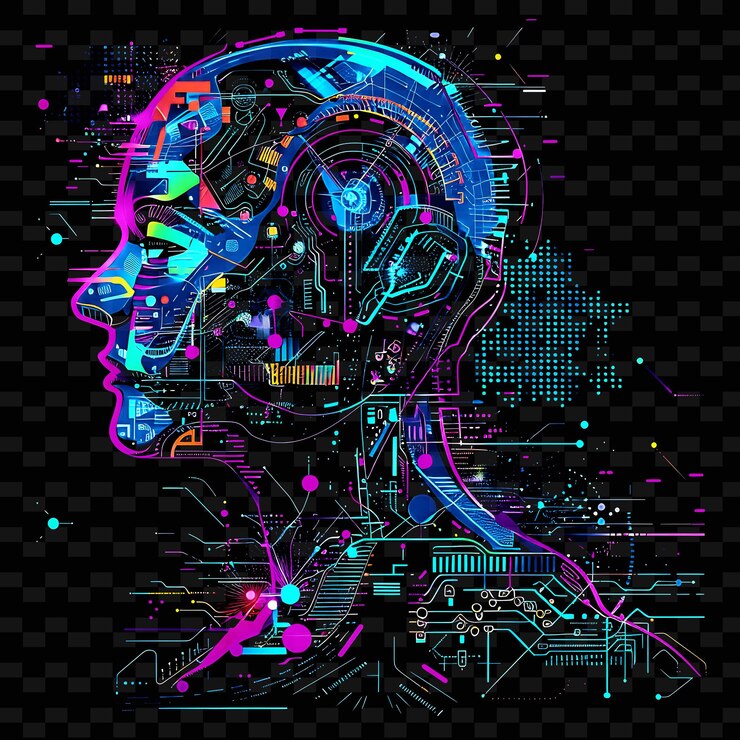 PSD png inteligência artificial adesivo de fita com robôs alimentados por ai um neon criativo y2k forma decorativa