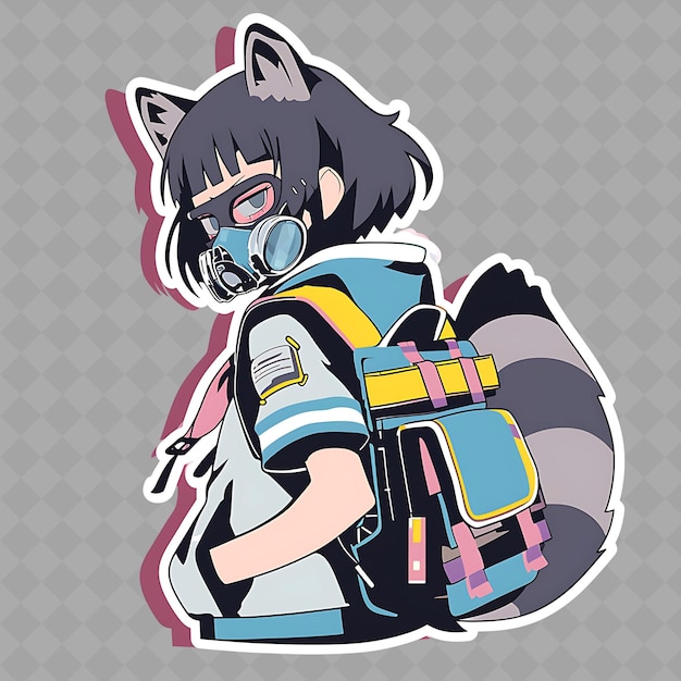 PSD png inteligente e engenhosa anime raccoon girl com uma máscara e uma coleção criativa de adesivos chibi