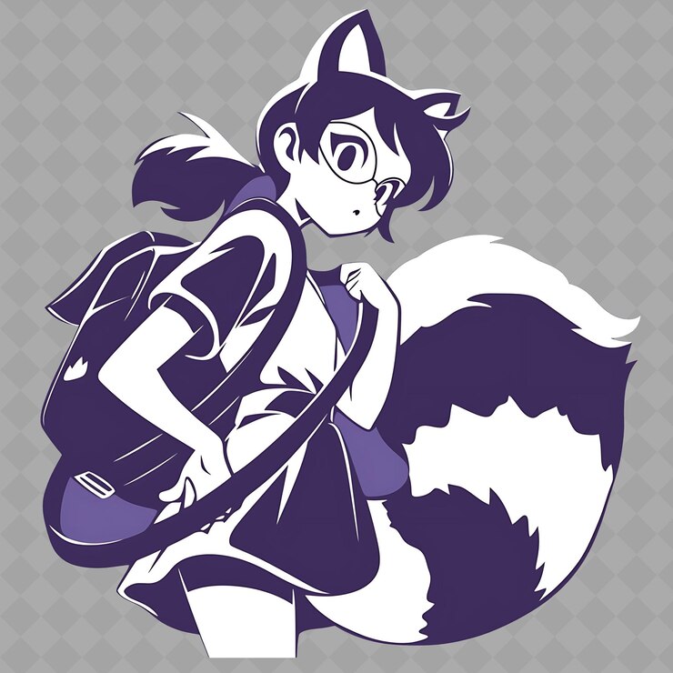 PSD png inteligente e engenhosa anime raccoon girl com uma máscara e uma coleção criativa de adesivos chibi