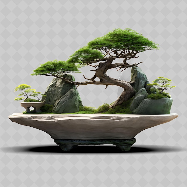 PSD png jade bonsai olla de piedra hojas pequeñas montañas tranquilas concepto transparente árboles diversos decoración