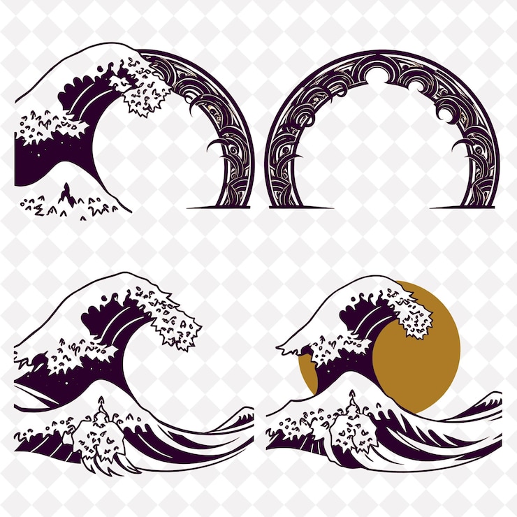 PSD png japanese wave borderlines com estilizados padrões de água e nuvens design em th folk art design