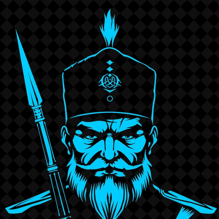 PSD png jenísero otomano con un yatagan con una expresión severa pos forma de personaje de guerrero medieval