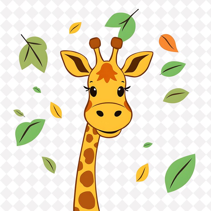 PSD png jirafa satisfecha con formas de hojas esparcidas como una sabana cálida soleada c diseño de animal lindo