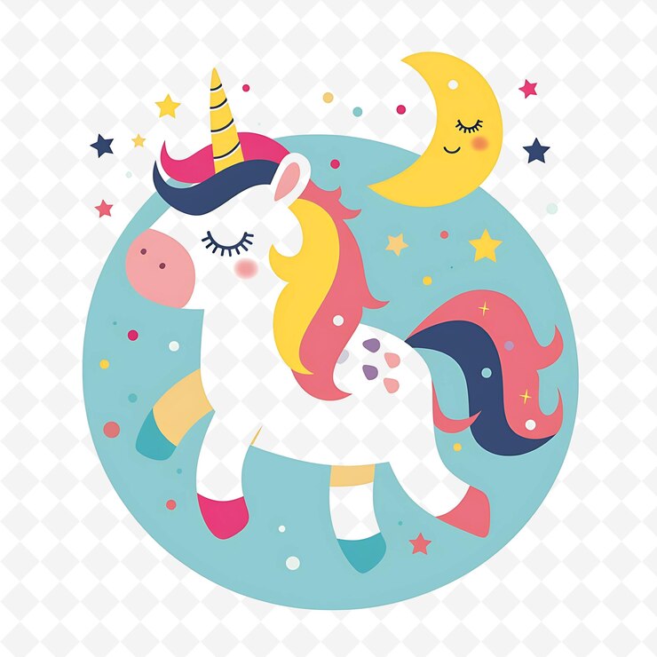 PSD png jolly unicorn con formas de luna creciente extendidas como una ilustración plana de conste