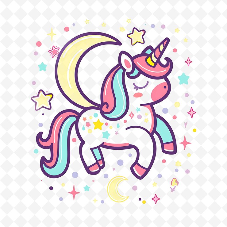PSD png jolly unicorn avec des formes de croissant de lune étalées comme une illustration plate de conste character mignon