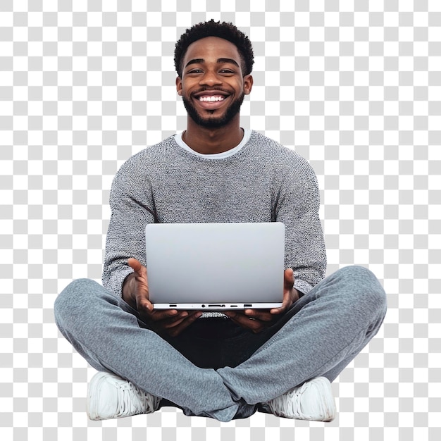 PNG Jovem IT Africano sentado no laptop feliz