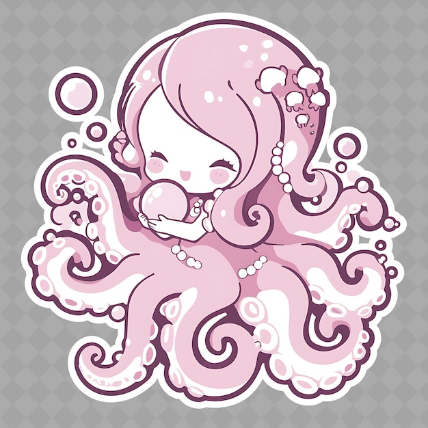 PSD png joyful y kawaii anime chica pulpo con tentáculos de pulpo colección creativa de pegatinas chibi