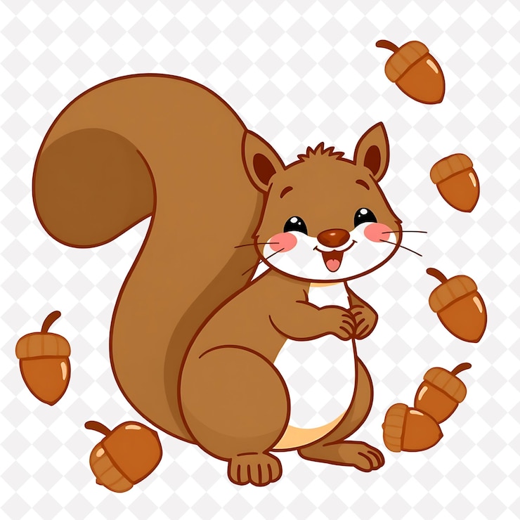 PSD png joyful squirrel con forme di ghianda disposte a caso sullo sfondo charmin cute animal design