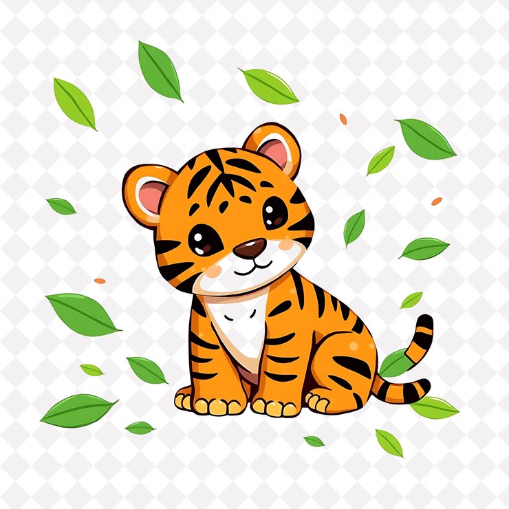 PSD png juguetón cachorro de tigre con patrones de hojas colocados al azar brillante neón cute col cute diseño de animal