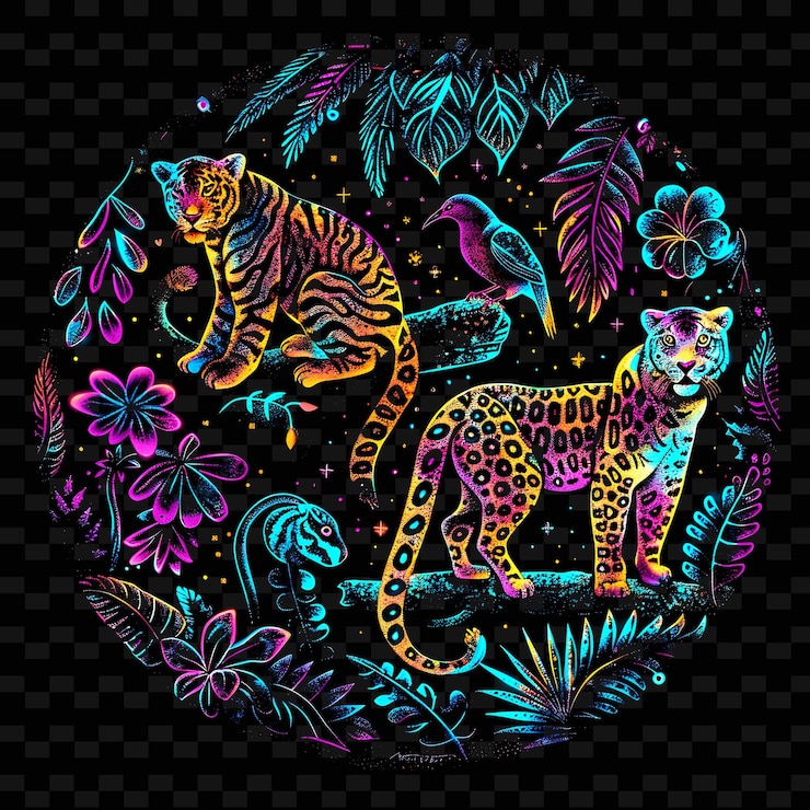PSD png jungle decal com símbolos de animais selvagens e com shimmeri creative neon y2k shape decorativen