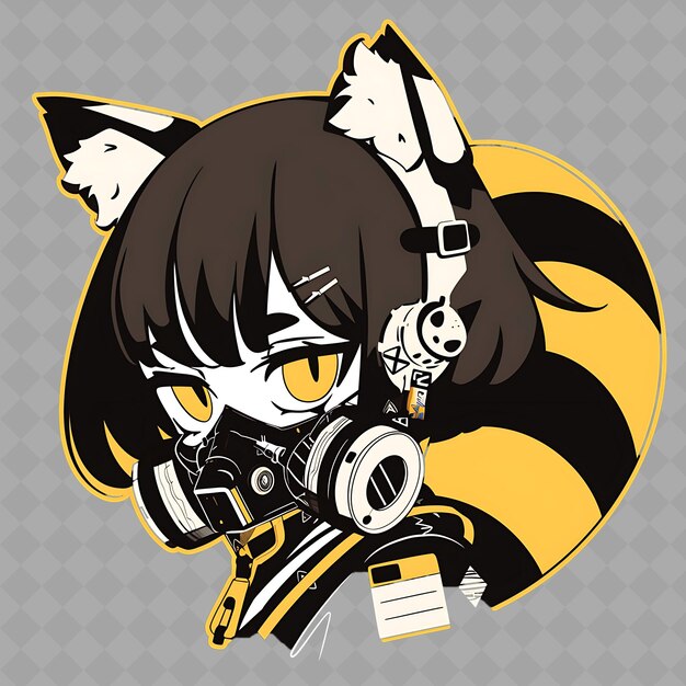 PSD png kluges und einfallsreiches anime-raccoon-mädchen mit maske und einer kreativen chibi-sticker-sammlung