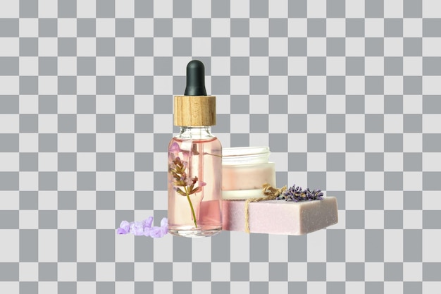 PNG-Kosmetikflaschen mit Seife und Lavendel auf weißem Hintergrund
